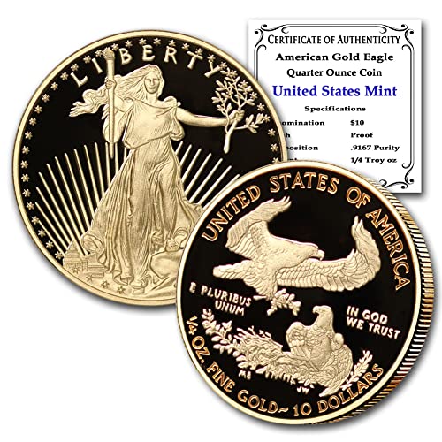 1986 Без знака на ментата - Подарък (Случаен година) Златна монета Американски Орел с разбивка 1/4 унция (В капсули) с надпис COA от CoinFolio за 10 долара от продавача Proof