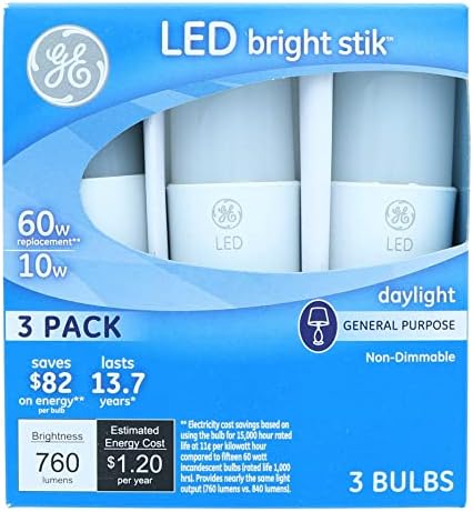 GE Lighting 79369 Led лампа Bright Stik мощност от 10 W (смяна на 60 W), 760-Люменная лампа със Средна цокъл, Дневна светлина, 1 Кутия (общо 3 лампи)