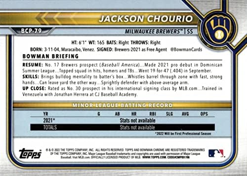 Бъдещите бейзболни играчи Bowman Chrome 2022 #БКП-79 Карта Джексън Чурио за начинаещи - 1-i карта Bowman Chrome