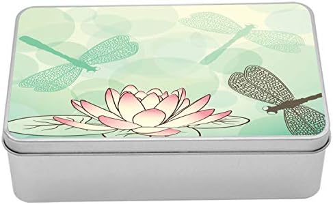 Метална кутия за лотосови цветя Ambesonne, Екзотично Цвете с Розови листенца от Водна Лилия и водни Кончета в Бледо зелен фон, Многоцелеви Правоъгълен Тенекиен съд с ка?