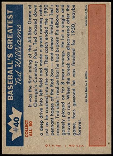 1959 Fleer # 40 Тед катастрофи в стената Тед Уилямс Бостън Ред Сокс (Бейзболна картичка) EX/MT Red Sox