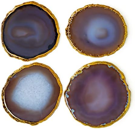 Набор на каботажните от естествен ахат - Набор на каботажните Geode - Кристални стойки от естествен ахат - Елегантни подложки от ахат в златна рамка - колекция от 4 есте?