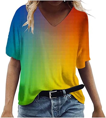 Момичета С Къс Ръкав Памук Цветен Графичен Случайни Свободен Приятелка Плюс Размера на Топ Тениска Дълбоко V Образно Деколте Блуза за