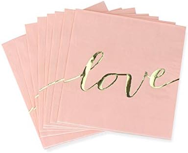 Хартиени салфетки за обяд Dulousia Розов цвят с релефна във вид на любовни писма от блестящо злато - Сгънати 6,5 x 6,5 инча / Разположени на 13 x 13 инча за сватба, душата апарта