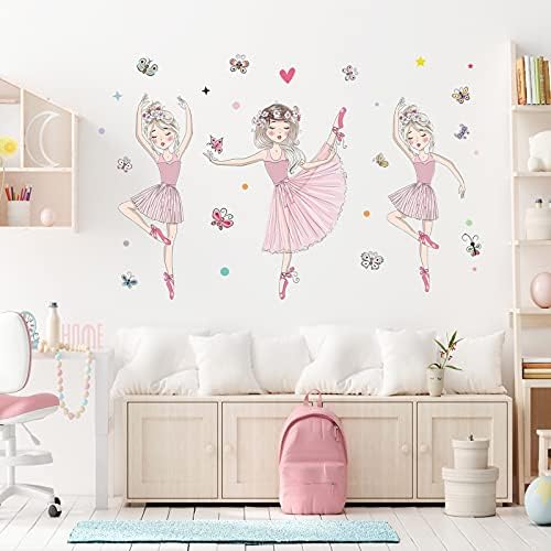 3 Розови Етикети на стената За малки момичета-Балерини, ULENDIS Подвижни Сладки Стикери за Стена за момичета-Балерини с Пеперуди, Стенен